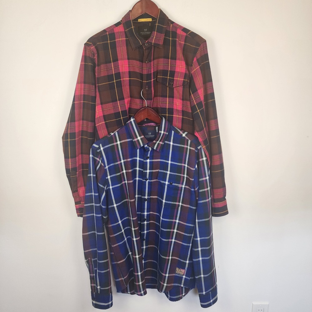 Scotch & Soda Men's Flannel Shirt Lot of Two Long Sleeve Button Down Plaid Large